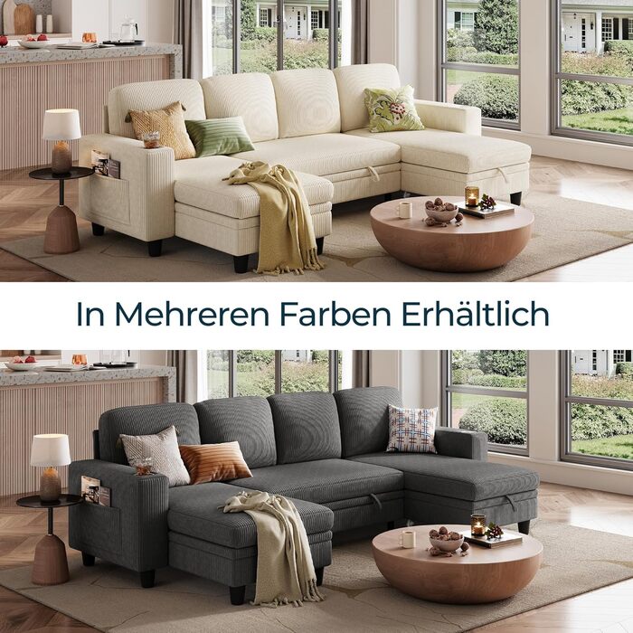 Розкладний диван LINSY HOME, кутовий диван з функцією сну, місцем для зберігання речей, вельветова оббивка, L-подібні модульні дивани з шезлонгом для віталень та квартир (темно-сірий, U-подібний) Темно-сірий U-подібний