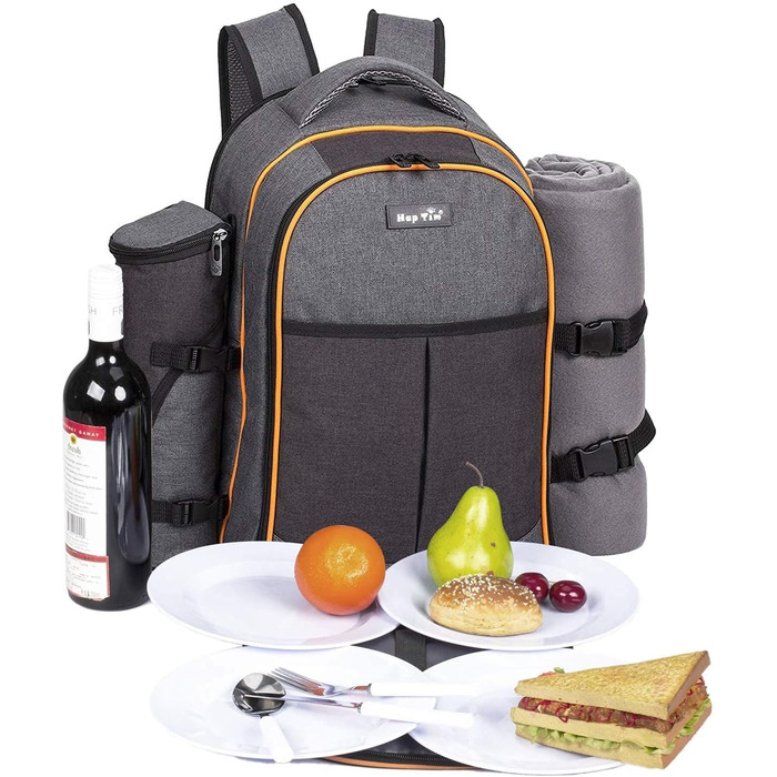 Рюкзак для пікніка Hap Tim для 4 осіб з ізольованим відділенням-холодильником, тримачем для вина, флісовою ковдрою, набором столових приборів, подарунками на заручини для пар, подарунком на весільну вечірку, подарунками на весілля (EU-36021) 4 особи сірог