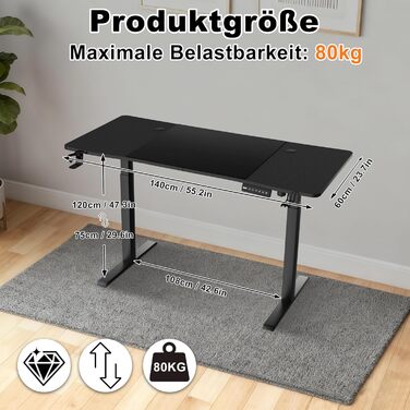 Стіл 140x60 см з електричним регулюванням висоти, карбонова поверхня та порт зарядки Type-C, ігровий стіл з функцією пам&39яті, робоча станція для ПК, стіл для роботи сидячи та стоячи, офісний стіл, чорний 140x60 см чорний