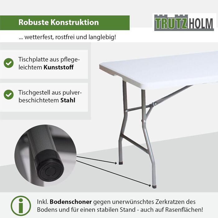 Садовий стіл TRUTZHOLM, стіл для розпродажу, обідній стіл, стіл для пивного намету, розкладний стіл, білий, 180 x 75 x 74 см, складаний, кемпінговий стіл, стіл для вечірок на 8 осіб з ручкою для перенесення