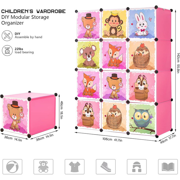 Розширювана дитяча полиця Дитяча шафа Сходинкова полиця Книжкова полиця з дверцятами та 2 вішалками, Глибші відділення, ніж зазвич