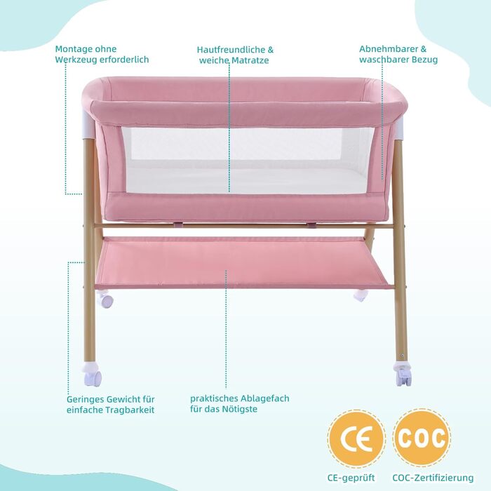 Дитяче ліжечко, переносне ліжечко з матрацом для дитячих ліжок на колесах, дорожнє ліжечко з москітною сіткою та місцем для зберігання для немовлят та новонароджених, легка та дихаюча сітчаста конструкція, рожевий колір