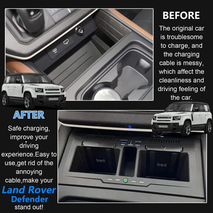 Подвійний бездротовий автомобільний зарядний пристрій для салону Land Rover Defender 90 110 130 X/X-DYNAMIC/V8/CARPATHIAN Edition