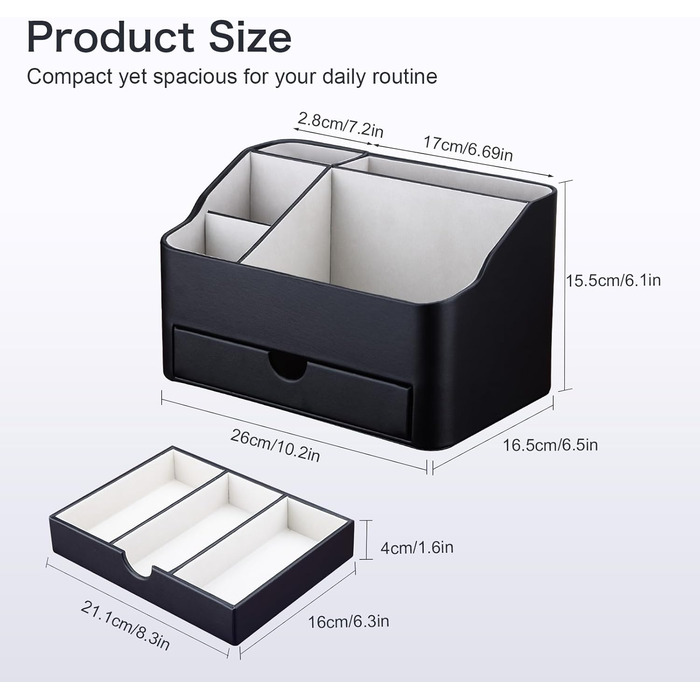 Органайзер для косметики KINGFOM, органайзер для макіяжу зі штучної шкіри з шухлядою, органайзер для догляду за шкірою для туалетного столика (чорний)