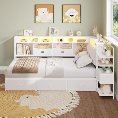 Дитяче ліжко DICTAC 90x200 з 6 шухлядами, світлодіодним освітленням та зарядною станцією Багатофункціональне ліжко з мяким узголівям, вбудованою тумбочкою та прихованим місцем для зберігання в узголівї (біле)