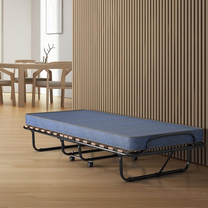 Гостьове ліжко COSTWAY 80x190 см з матрацом з піни з ефектом пам&39яті, розкладне односпальне ліжко, міцне металеве ліжко (витримує вагу до 130 кг), розкладне ліжко на колесах, ліжко для кемпінгу, переносне ліжко, синє 80 x 190 x 33 см