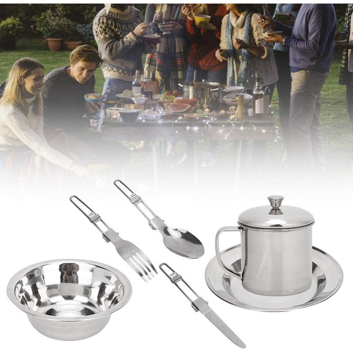 Набір столових приборів для кемпінгу, набір посуду з нержавіючої сталі, мірний набір, включає тарілку, чашку, виделку, ложку, ніж, набір столових приборів 8 в 1 з сітчастою сумкою, набір посуду для кемпінгу, походів та пікніків на свіжому повітрі