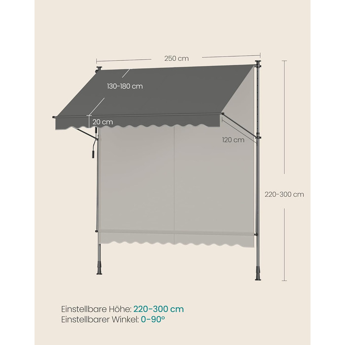 Тент SONGMICS із затискачем, балконний тент, регульований по висоті, з ручним приводом, сонцезахист, для балкону, тераси, саду, 250 x 120 см, антрацит GSA252G02 250 Вт см антрацит