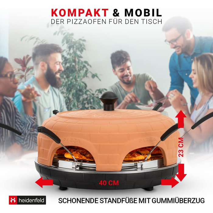 Шеф-кухар піци в печі Хайденфельд Місце для 6 осіб - Електрична піч для піци - 1100 Вт - Раклетна піч з глиняною витяжкою - Виробник піци з ложками для піци - Сталева пластина з ручкою (теракота)