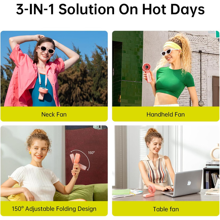 Потужний портативний вентилятор зі світлодіодним дисплеєм, максимум 19,5 годин, 5000 мАг, ручний/настільний/нашийний вентилятор 3-В-1, міні-вентилятор для подорожей (рожевий), 7, 2024