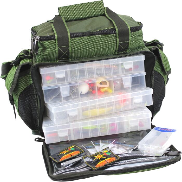Сумка QMBasic для риболовлі, включаючи 4 коробки для снастей Рибальський чохол для аксесуарів Водовідштовхувальні м&39які лямки Рибальська сумка