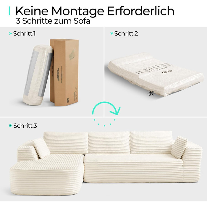 Кутовий диван LINSY HOME зі сном - Модульний розкладний диван з вельвету 270 см, L-подібний диван, 3-місний диван з пуфом, секційний диван для вітальні, не потребує складання, бежевий вельвет