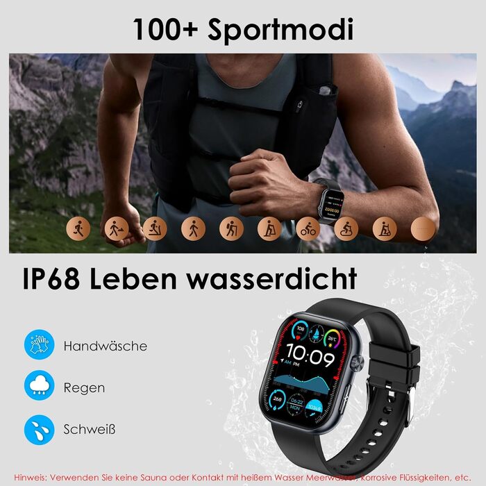 Розумний годинник YUPENG з ЕКГВСР/кров&39яним тиском/сечовою кислотою/ІМТ, 1,95-дюймовий AMOLED сенсорний фітнес-годинник з функцією телефону, 24-годинний монітор сну/серцевий ритм/SpO2/екстрений виклик SOS Android iOS Чорний