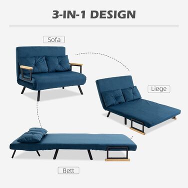 Диван-ліжко HOMCOM 4-в-1, 2-місний диван з функцією сну, 183 x 98,5 см, розкладне крісло-ліжко з 5-позиційною регульованою спинкою, підлокітником, поперековою подушкою, оксамитовий вигляд для вітальні, синій, 102Д x 73Ш x 81В см, тканина під оксамит