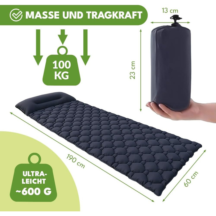 Надувний матрац для кемпінгу з подушкою 190x60 см, надлегкий килимок для сну, товщина 5 см, вантажопідйомність 100 кг, надувний матрац для кемпінгу, трекінгу, активного відпочинку, пляжу, складається з сумкою