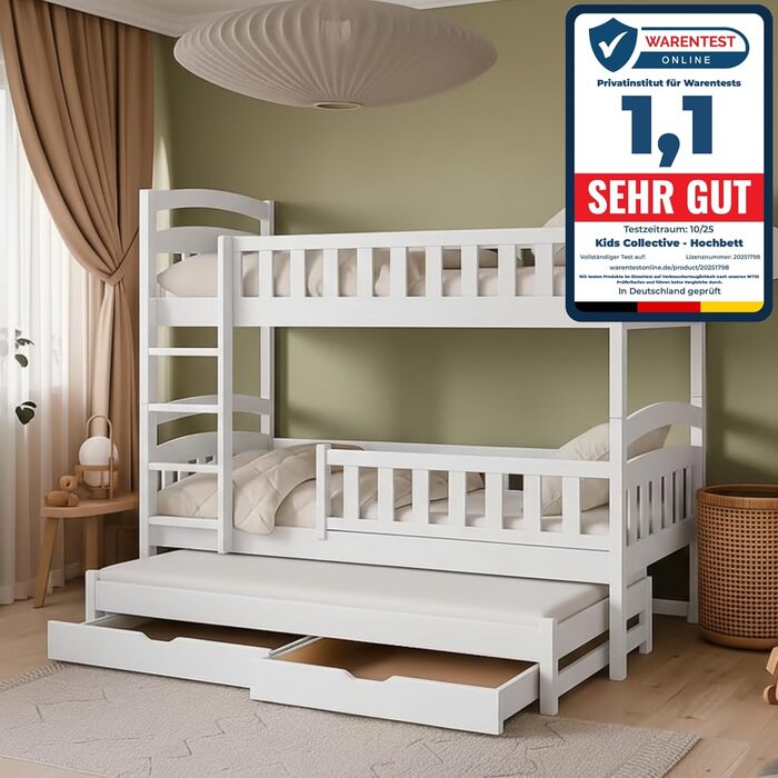 Двоярусне ліжко 90x200 см, дитяче ліжко, підліткове ліжко, двоярусне ліжко для 3 дітей, дві шухляди та поручні, що розкладається на 3 односпальні ліжка від 4 до 16 років вкл. рейкові основи білий 90x200 см, білий - Стиль 1