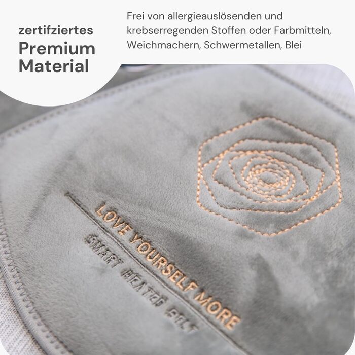 Розумний нагрівальний пояс для нижньої частини живота, живота та спини Інфрачервоне тепло Сертифікований матеріал (без хрому, свинцю, кадмію) Зовнішній зарядний пристрій ємністю 5000 мАг Розроблено в Німеччині Маленький розмір 60-90 см