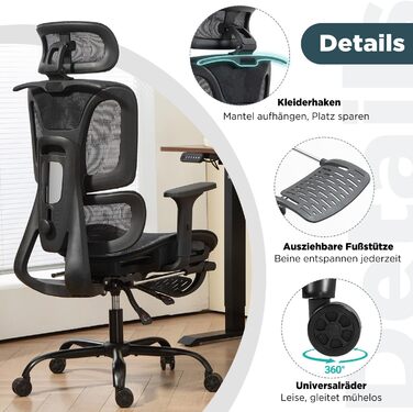 Ергономічне офісне крісло EROMMY з підставкою для ніг 3D-підголівник та регульовані підлокітники Регульоване по висоті робоче крісло з поперековою опорою Поворотне крісло з дихаючої сітки для домашнього офісу та ігор