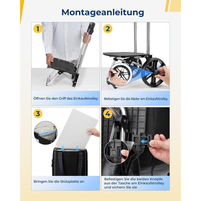 Складний візок для покупок Ytonet з термосумкою, великий водонепроникний візок на міцній основі (55 літрів / 68 кг), 3-в-1 візок-трансформер, сумка-візок та ручна сумка з великими колесами, чорний