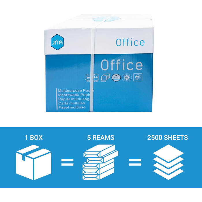 Папір для копіювання для дому та офісу - Базовий папір для принтерів для дому та офісу. Універсальний папір для принтерів, підходить для лазерних та струменевих принтерів. 2500 аркушів DIN A4 80 г, білий (5 x 500 аркушів), упаковка з 5 шт.