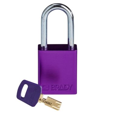 Замок навісний Brady SafeKey алюмінієвий, замок для блокування/маркування (Lockout/Tagout) з ключем замок безпеки для внутрішнього та зовнішнього використання висота дужки 38.10 мм індивідуальний ключ фіолетовий