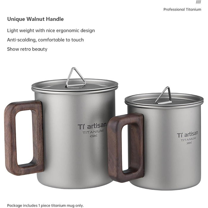 Титанова кружка, надлегка кемпінгова кавоварка, піскоструминна поверхня, захист від опіків (матово-сіра 450 мл)