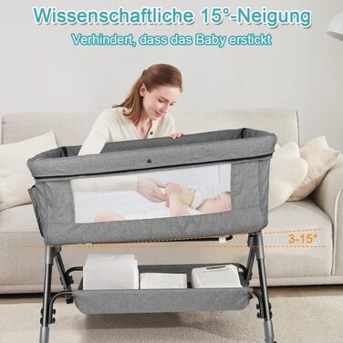 Дитяче ліжечко Kedia, зі сплячим місцем на боці, дитяче ліжко з москітною сіткою, дорожнє ліжечко з колесами, 4 регулювання висоти, дитячі ліжечка-колиска, 104 * 52 * 103-115 см (сіре)