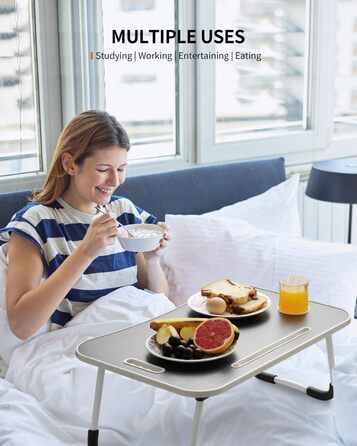 Складаний столик для ноутбука, портативний стіл на коліна, приліжкова тумбочка, підставка для ноутбука з тримачем для напоїв, слотом для планшета та ручкою для перенесення для роботи, письма, малювання та їжі (чорний)