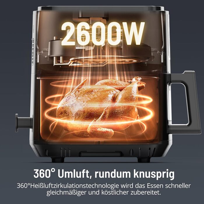 Фритюрниця PARIS RHNE 9.5 л, фритюрниця XXL двокамерна з оглядовим вікном, фритюрниця 12-в-1, смаження гарячим повітрям без олії, безпечна посудомийна машина, аерофритюрниця енергозберігаюча 9.5 л чорна