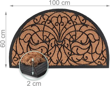 Килимок для дверей Relaxdays, кокос та гума, напівкруглий, декоративний, 100 x 60 см, для використання всередині та зовні приміщень, нековзний килимок для уловлювання бруду, натуральний