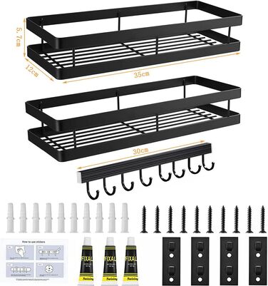 Настінна полиця для спецій, не потребує свердління, комплект з 2 шт. з кухонною штангою, підвісна кухонна полиця, полиця для спецій на дверцята шаф, полиця для душу з нержавіючої сталі для кухні, ванної кімнати, балкону, 35 x 12 x 5,7 см, чорна