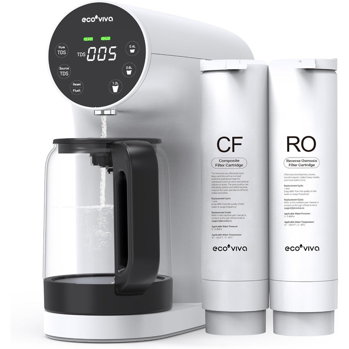Настільна система осмосу Ecoviva, система зворотного осмосу для питної води з 4-ступеневою фільтрацією, монітор TDS у реальному часі, 31 Pure to Drain, мобільний фільтр для води зворотного осмосу без установки WP-RO-200G білий