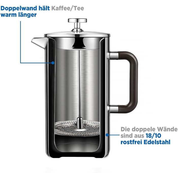 Кавоварка ecooe 1.5 л френч-прес з подвійними стінками 18/10 нержавіюча сталь без іржі з 3 фільтрами 1.5 л великої ємності