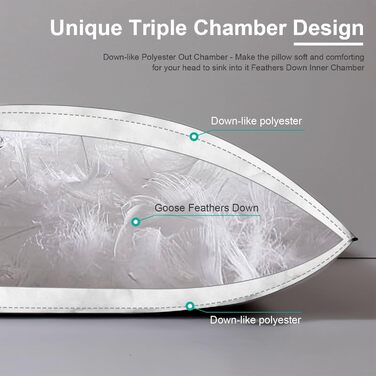 Пухова подушка APSMILE 50x75 з пір&39ям та 3-камерним наповнювачем - Розкішна пухова подушка для сну, подушка для голови 50x75, пухова подушка, чохол зі 100 органічної бавовни, м&39яка та підтримуюча (біла, 2 шт.) 50 x 75 см (2 шт.) Білий