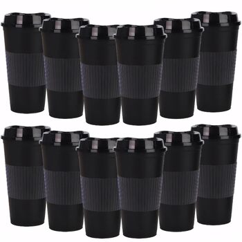 Кавова кружка об&39ємом 486 мл з кришкою, упаковка з 12 пластикових стаканчиків, багаторазові кавові чашки для автомобіля та в дорозі (12, чорні) Чорний 12