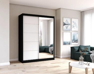 Шафа з дзеркалом, розсувні двері - Шафа з розсувними дверима, шафа для спальні - 61 x 150 x 200 см - Шафа для спальні, гардеробної, шафа - чорний, білий