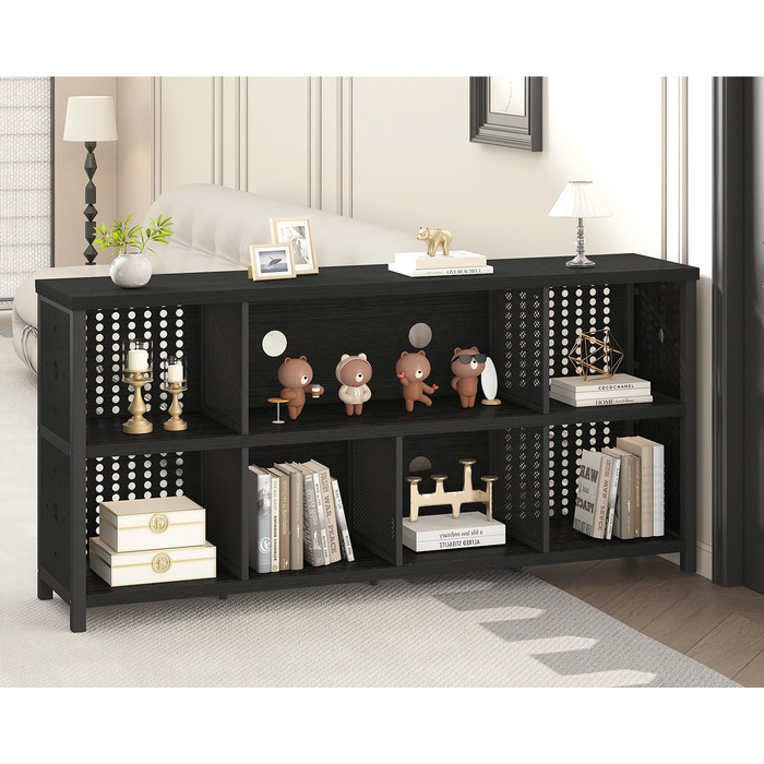 Книжкова полиця LVB з 8 відділеннями, 2-ярусна книжкова шафа, кубічна полиця, полиця-перегородка для кімнати, офісна полиця, горизонтальна, для вітальні, офісу, кабінету, дитячої кімнати, дерев&39яна, чорна, 34Г x 160Ш x 76В