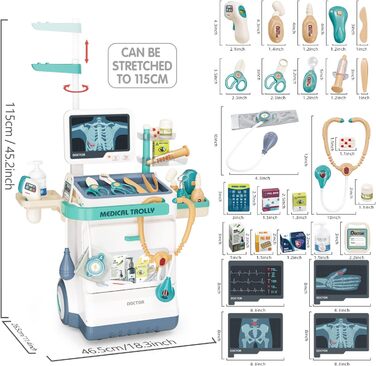 Медична іграшка Доктор Набір іграшок для хлопчиків та дівчаток мобільний візок з ліхтарями, таблиця очей, термометр, стетоскоп, пульсометр, чудовий подарунок для малюків (28PCS)