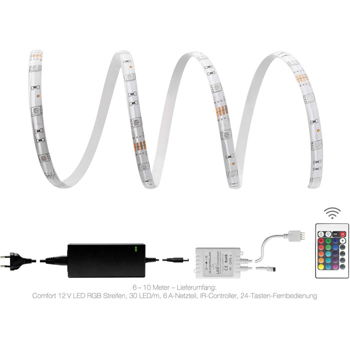 Метровий комфортний набір світлодіодних стрічок RGB з блоком живлення, контролером і 44-кнопковим інфрачервоним пультом дистанційного керування, 30 світлодіодів/м, IP65, 12 В, 5050 SMD, 7,2 Вт/м, для вітальні, спальні, балкона, тераси, 7