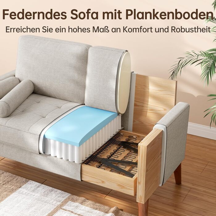 Місний диван Vesgantti, 121 см, сучасний попелясто-бежевий диван з 2 декоративними подушками, невеликий тканинний диван з підлокітниками, подушки сидіння на ґудзиках, гостьовий диван для вітальні/квартири/офісу, лляний попелясто-бежевий, 2-