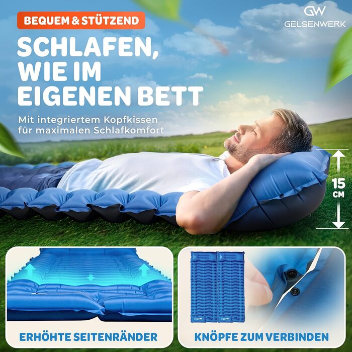 Ультралегкий кемпінговий килимок для сну 10 см та компактний розмір у упаковці - Надувний матрац для кемпінгу з ножним насосом та подушкою - Ізоляційний килимок для сну на відкритому повітрі для походів та кемпінгу