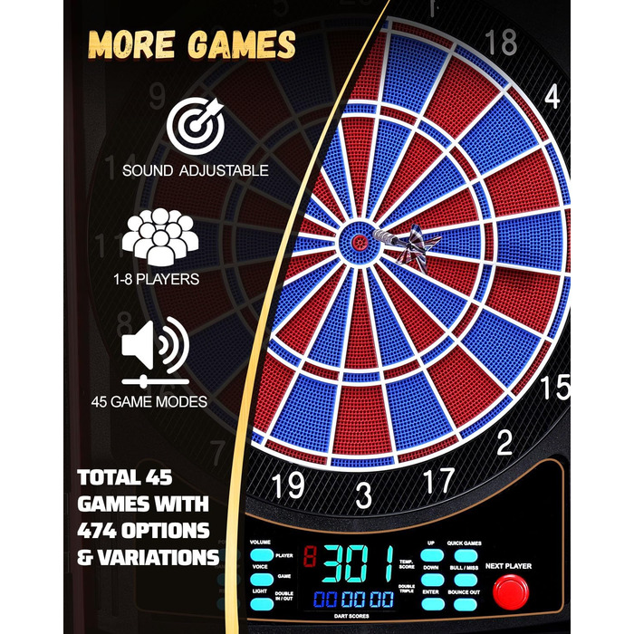 Електронна мішень для дартсу, декоративна шафа для електронної міші для дартсу 6 бронзових дротиків з м&39якими наконечниками, індивідуальне підсвічування для кожного гравця, професійна електронна мішень для дартсу з дерев&39яними дверцятами шафи, дизайн 