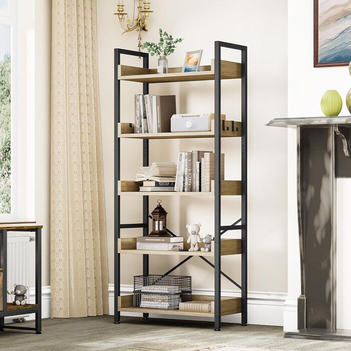 Ярусна книжкова полиця, висока, вузька, тонка дерев&39яна полиця, промисловий склад для вітальні, домашнього офісу дубове покриття (30Г x 64Ш x 160В см), 5-