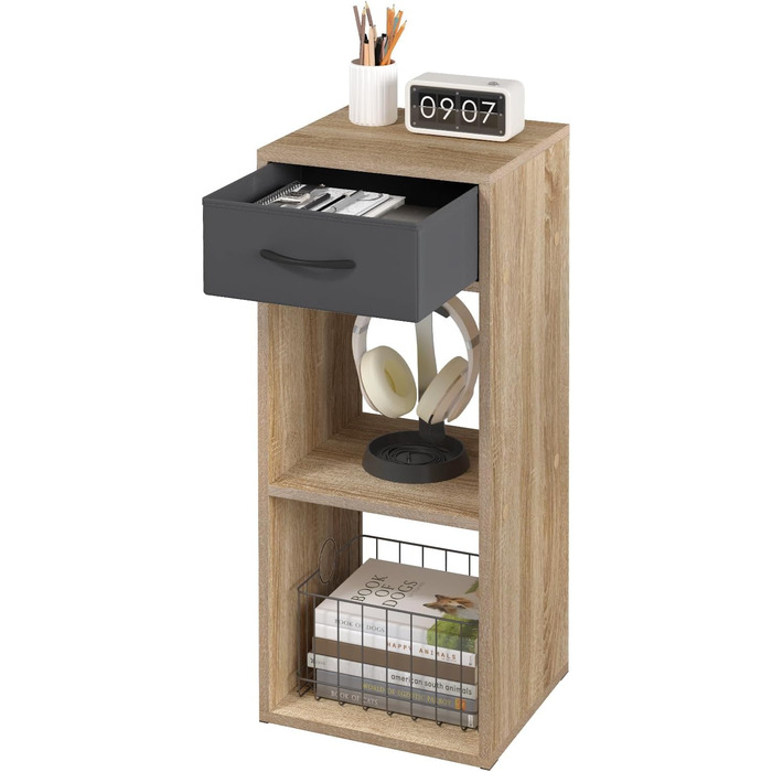Книжкова полиця WOLTU на 3 рівні, окремостояча полиця з 1 шухлядою для тканини та 2 кубами, відкрита полиця, невелика полиця для зберігання, для вітальні, спальні, дитячої кімнати, 32,4 x 80 x 30 см, світлий дуб, SK055hei