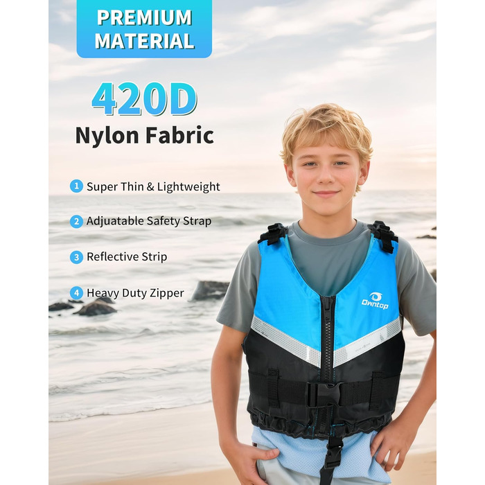 Плавальний жилет Owntop для підлітків та дітей, легкий унісекс-плавець, регульований плавучий жилет зі зручним ремінцем у промежині для каякінгу, риболовлі, тренувань з плавання та всіх водних видів спорту. Синій, дитячий, розмір XXS (30-40 кг, 70-80 см)