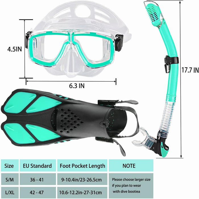 Комплект для дорослого підводного плавання з ластами, маскою для дайвінгу, трубкою сухого типу та сумкою для перенесення, колір аквамариновий, розмір S/M (36-41)