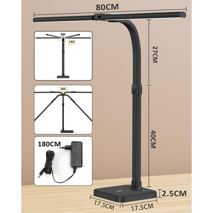 Настільна лампа Tantu зі світлодіодним регулюванням яскравості, з бездротовою зарядкою 15 Вт і функцією заряджання USB, настільна лампа з подвійною головою потужністю 24 Вт 80 см, офісна лампа 5 кольорів 5 рівнів яскравості Гусяча шия (чорна)