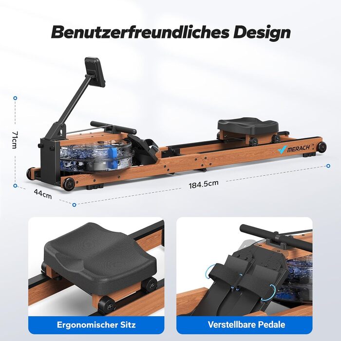 Водний веслувальний тренажер MERACH, складний, дерев&39яний, матеріал каучукове дерево та зручне сидіння, з ексклюзивним додатком з інтерактивною картою, захопливий досвід веслування, ідеально підходить для домашнього фітнесу R28 каучукове дерево
