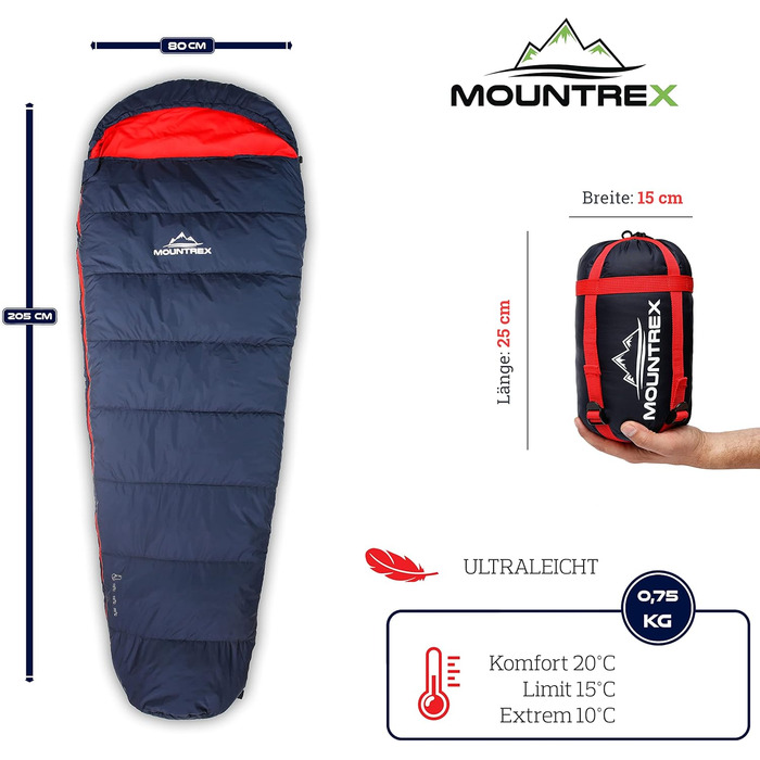 Спальний мішок MOUNTREX - невеликий розмір упаковки та надлегкий (760 г / 1500 г) - літній спальний мішок на відкритому повітрі (100GSM) / 3-4 сезони (300GSM) Спальний мішок Mummy - кемпінг, подорожі, фестиваль - теплий та упакований темно-синій / червони