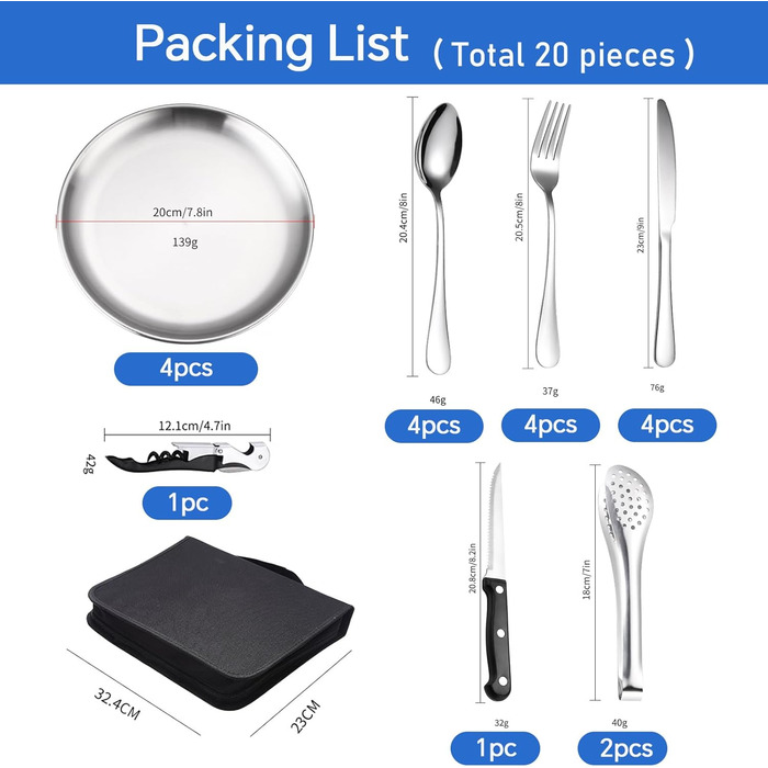 Набір посуду для кемпінгу для 4 осіб, 20 предметів, набір столових приборів для кемпінгу, нержавіюча сталь, з ложкою, виделкою, ножем, тарілкою та затискачем для кемпінгу, пікніків та подорожей, сріблястого кольору